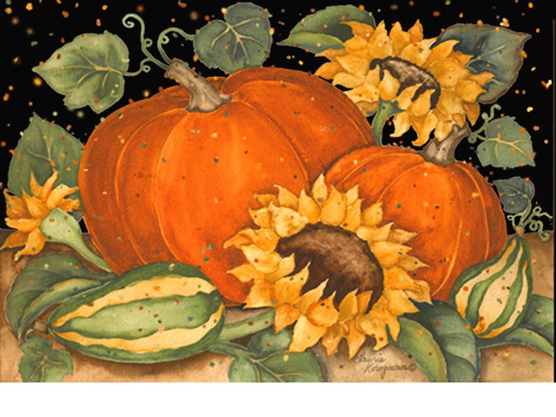 Laurie Korsgaden, PUMPKIN (Kürbis, Sonnenblume, Herbst, Thanksgiving, Erntedankefest,  Wunschgröße, Malerei, Esszimmer, Küche, Treppenhaus, bunt)