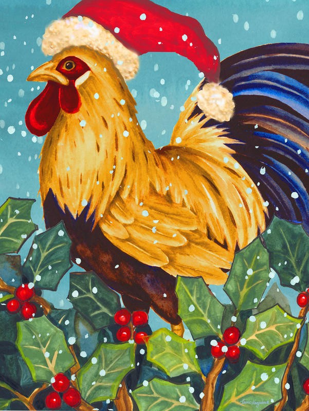 Laurie Korsgaden, CHRISTMAS ROOSTER (Weihnachten, Hahn, Geflügel, Stechpalmen,  Schnee, Winter, Wunschgröße, Malerei, Esszimmer, Wohnzimmer, Treppenhaus, bunt)