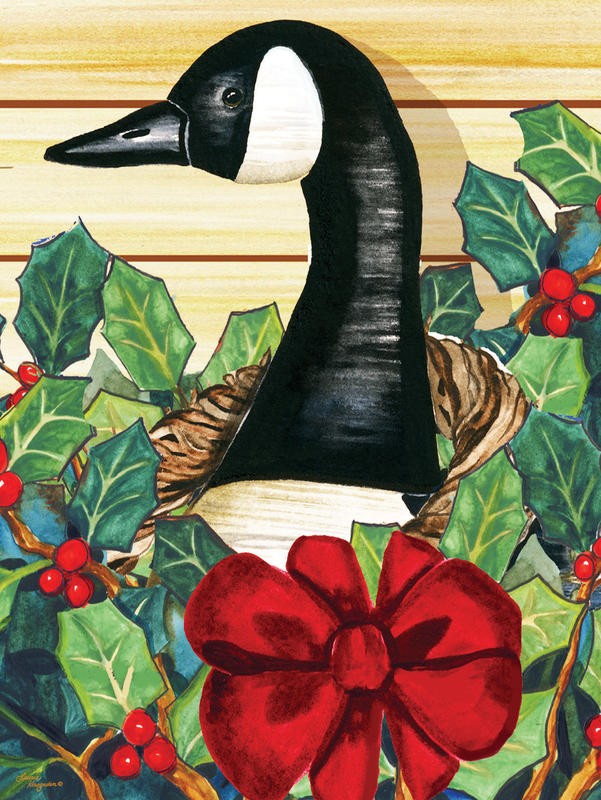 Laurie Korsgaden, CHRISTMAS GOOSE (Weihnachten, Gans, Weihnachtsgams, Geschenk, Steckpalme, Wunschgröße, Malerei, Wohnzimmer, Treppenhaus, bunt)