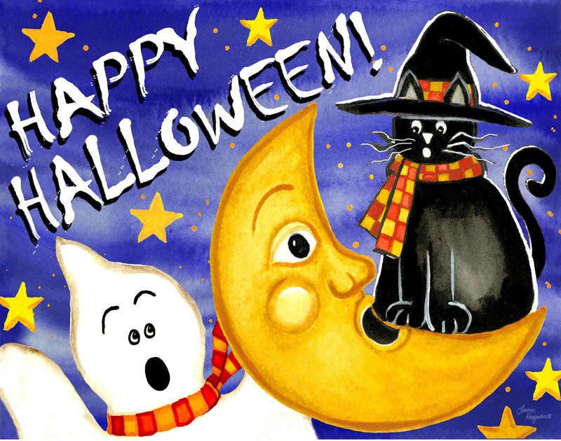 Laurie Korsgaden, HAPPY HALLOWEEN IV (Katze, schwarze Katze, Spinne, Zauberhut, Gespenst, Boo, Gruseln, Halloween, Sterne, Mond, naiv, lustig, Wunschgröße, Malerei,  Kinderzimmer, Treppenhaus, bunt)