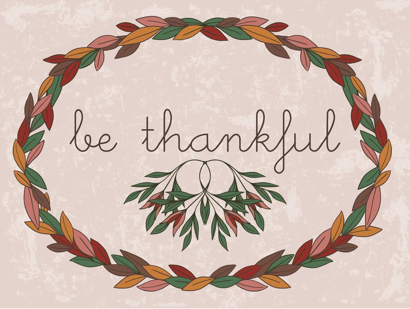 Laura Lobdell, HARVEST WREATH BE THANKFUL (Erntedankfest, Herbst, Spruch, Motivation, Inspiration, Blätterkranz, Grafik, Kalligrafie, Wunschgröße, Treppenhaus, bunt)