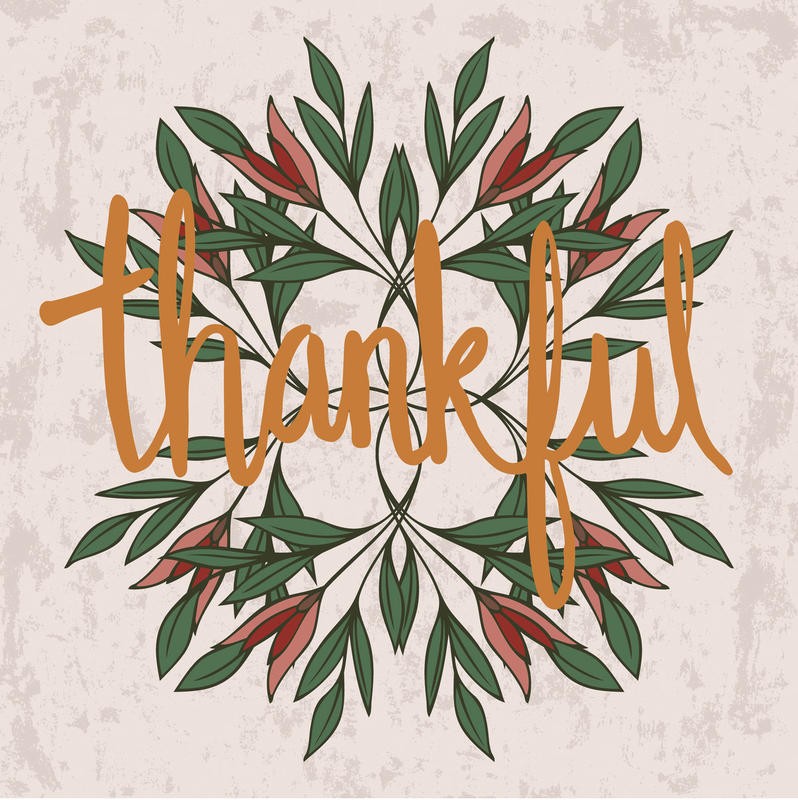 Laura Lobdell, THANKFUL (Erntedankfest, Herbst, Spruch, Motivation, Inspiration, Blätterkranz, Grafik, Kalligrafie, Wunschgröße, Treppenhaus, bunt)