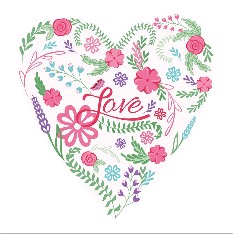 Laura Lobdell, VALENTINE HEART I (Herz, Liebe,  Valentinstag, Blumen, Motivation, Inspiration, Blumenband, Grafik, Kalligrafie, Wunschgröße, Jugendzimmer, Treppenhaus, bunt)