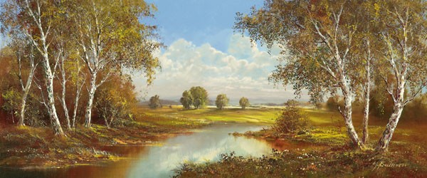 H. Buchner, FRÜHLING IN HORNI RYBNIKY (Landschaftsmalerei, Landschaft, Bäume, Birken, See, Jahreszeit, Ruhe, Einsamkeit, Nostalgie, Idylle, Tschechien, Wohnzimmer, Schlafzimmer, Treppenhaus, Malerei, Wunschgröße, bunt)