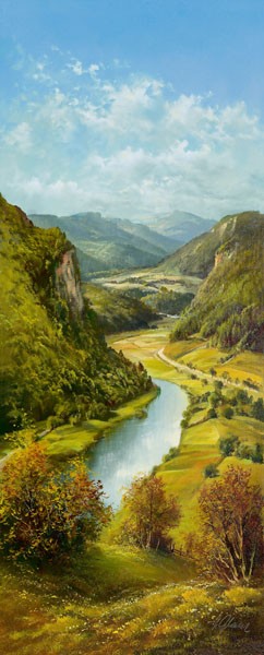 Helmut Glassl, FLUSSTAL IN DEN KARPATEN II (Malerei, Landschaften, Natur, Fluss, Hügel, Berge, Panorama, Idylle, Wanderweg, Ruhe, Bäume, Nostalgie, Wohnzimmer, Treppenhaus, Wunschgröße, bunt)