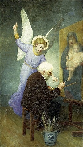 Elizabeth Jane Gardner Bouguereau, In Gedenken an Bouguereau. (Christie's Images Ltd,Öl auf Leinwand,19. Jahrhundert,Bouguereau,Elizabeth Jane Gardner,1837-1922,Elizabeth Jane Gardner Bouguereau,Engel,erhobener Arm,Flügel,Maler,alter Mann,Gemälde,Tod,Erinnerung,Gedenken,Pinsel,Zeigefinger,malen)