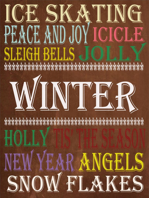 Olivia Jean, WINTER WORDS (Typografie, Buchstaben, Winter, Wörter, Begriffe, Treppenhaus, Grafik, Wunschgröße, bunt)