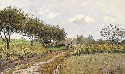 Alfred Sisley, Die Landstraße (La Chemin dans la Campagne). 1876 (Landschaft, Landschaftsmalerei, Sommer,Bäume, Straße, Spaziergängerinnen, Frankreich, Idylle, Wohnzimmer, Treppenhaus, Impressionismus, Klassische Moderne, Malerei, Wunschgröße, bunt)