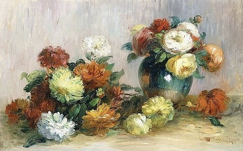 Pierre-Auguste Renoir, Blumengebinde (Gerbes De Fleurs). Ca. 1880 (Stillleben, Blumen, Blüten, Vase, Rosen, Dahlien, Gebinde, Impressionismus, klassische Moderne, Wunschgröße, Wohnzimmer, Esszimmer, Malerei)