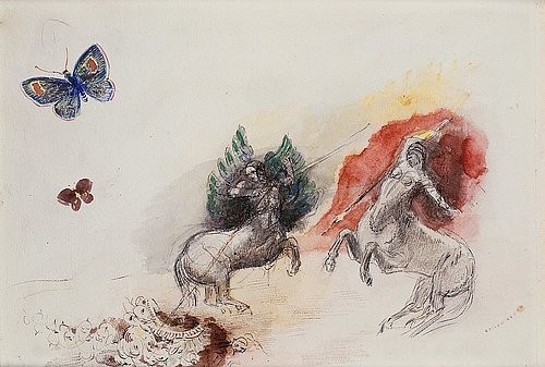 Odilon Redon, Schlacht der Kentauren (Lutte des Centaures). (Symbolismus, Figurativ, Centauri, Pferdemensch, Mischwesen, Fabelwesen, Kampf, Schmetterlinge, Treppenhaus, Wohnzimmer, Wunschgröße, klassische Moderne, Malerei, bunt,)