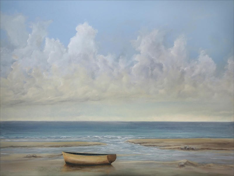 Peter Laughton, LOW TIDE (Meer, Wasser, Himmel, Wolken, Strand, Boot, Einsamkeit, maritim, Malerei, Horizont, Wohnzimmer, Büro, Treppenhaus, Wunschgröße, bunt)