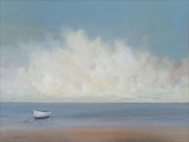 Peter Laughton, WHITE BOAT (Meer, Wasser, Himmel, Wolken, Strand, Boot, Einsamkeit, maritim, Malerei, Horizont, Wohnzimmer, Büro, Treppenhaus, Wunschgröße, bunt)