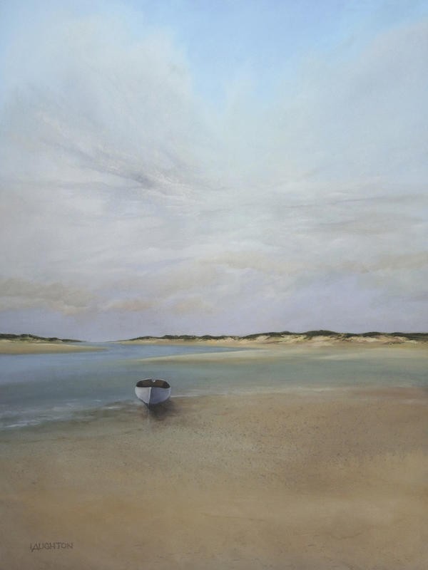 Peter Laughton, SINGULAR BOAT (Meer, Wasser, Himmel, Wolken, Strand, Boot, Einsamkeit, maritim, Malerei, Horizont, Wohnzimmer, Büro, Treppenhaus, Wunschgröße, bunt)