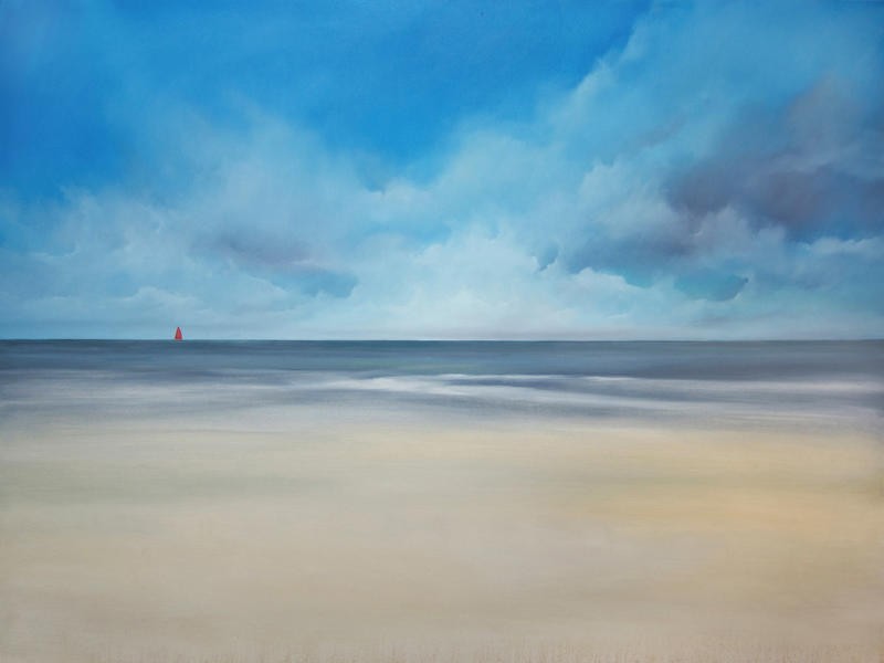 Peter Laughton, RED SAIL (Meer, Wasser, Himmel, Wolken, Strand, Sand, Einsamkeit, maritim, Malerei, Horizont, Wohnzimmer, Büro, Treppenhaus, Wunschgröße, bunt)