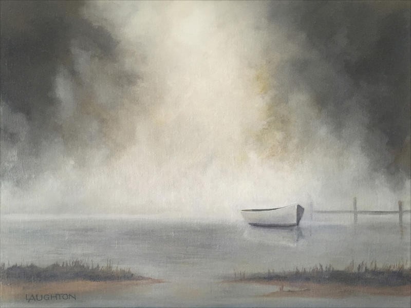 Peter Laughton, MISTY (Meer, Wasser, Himmel, Wolken, Dunst, Unwetter, düster, Boot, Einsamkeit, maritim, Malerei, Horizont, Wohnzimmer, Büro, Treppenhaus, Wunschgröße, bunt)