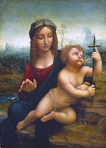 Leonardo da Vinci, Die Madonna mit der Spindel. (Madonna, Mutter, Kind, Jesuskind, Spindel, Kreuz, Religion, Neues Testament, Landschaft, Ausblick, Schlafzimmer, Wohnzimmer, Wunschgröße, Renaissance, Malerei, Klassiker)