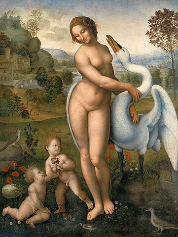 Leonardo da Vinci, Leda und der Schwan. 16. Jahrhundert. (Leonardo da Vinci,nach,Rom,Galleria Borghese,kopie,da vinci,leonardo,frau,schwan,nackt,natur,kinder,landschaft,mythologie,mythos,leda,cinquecento)