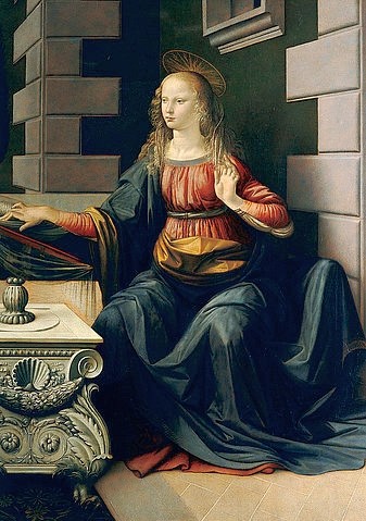 Leonardo da Vinci, Die Verkündigung Mariae. Detail: Die Jungfrau Maria. (Gesamtes Bild unter der ID 22410) (Maria, Madonna, Vrkündigung, Detail, Religion, Neues Testament, Innenraum, Schlafzimmer, Wohnzimmer,  Wunschgröße, Renaissance, Malerei, Klassiker)