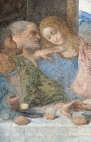 Leonardo da Vinci, Das letzte Abendmahl. Detail: Die Apostel Judas, Peter und Johannes. 1495-1497. (Mailand,S. Maria delle Grazie,Öltempera auf Stein,Leonardo da Vinci,1452-1519,da vinci,leonardo,abendmahl,wandgemälde,apostel,detail,johannes,judas,tisch,renaissance)