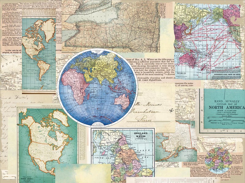 Ophelia & Co, MAP OF THE WORLD I (Weltkarte, Globus, Nostalgie, Vintage, Grafik, Wunschgröße, Wohnzimmer, Treppenhaus, Büro, sepia, bunt)
