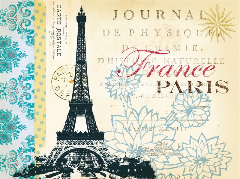Ophelia & Co, COLORFUL PARIS I (Paris, Eiffelturm, Wahrzeichen, Symbol, Frankreich, Ornamente, Vintage, Blumen, Typologie, Nostalgie, Grafik, Wunschgröße, Wohnzimmer, Treppenhaus, sepia, bunt)