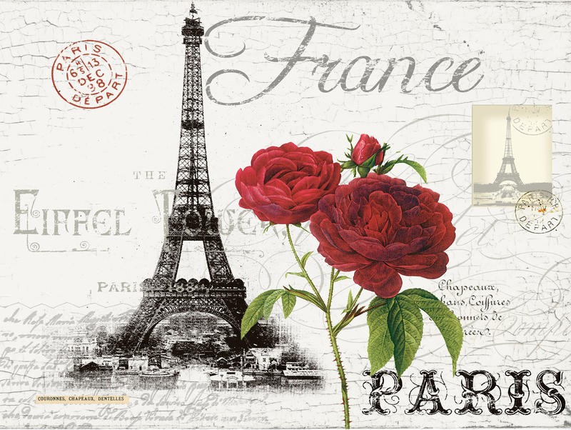 Ophelia & Co, PARIS VINTAGE POSTCARD I (Paris, Eiffelturm, Wahrzeichen, Symbol, Frankreich, Ornamente, Rosen, Blumen, Typologie, Nostalgie, Vintage, Grafik, Wunschgröße, Wohnzimmer, Treppenhaus, sepia, bunt)