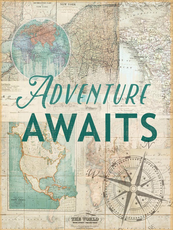 Ophelia & Co, ADVENTURE AWAITS I (Weltkarte, Motivation, Reisen, Abenteuer, Nostalgie, Vintage, Grafik, Wunschgröße, Wohnzimmer, Treppenhaus, Büro, sepia, grau/blau)