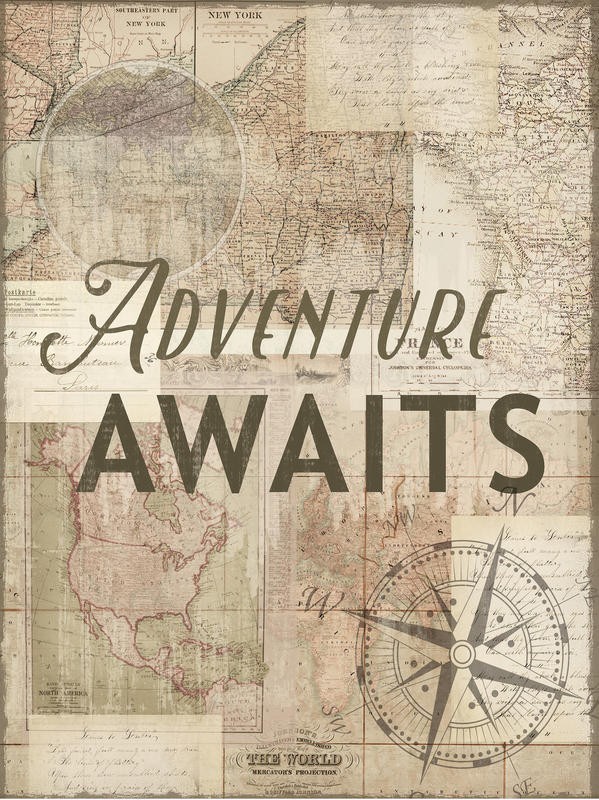 Ophelia & Co, ADVENTURE AWAITS II (Weltkarte, Motivation, Reisen, Abenteuer, Nostalgie, Vintage, Grafik, Wunschgröße, Wohnzimmer, Treppenhaus, Büro, sepia, grau/braun)