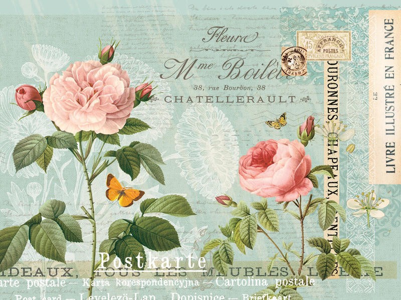 Ophelia & Co, GARDEN BOTANICAL III (Blumen, Blüten, Rosen, Schmetterling, Postkarte, Vintage, Kalligrafie, Nostalgie, Grafik, Wunschgröße, Wohnzimmer, Treppenhaus, bunt)