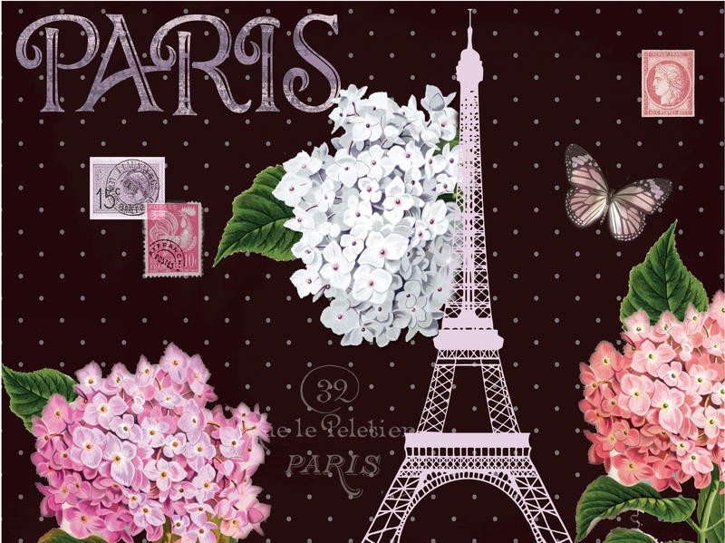 Ophelia & Co, SPRING IN PARIS II (Paris, Eiffelturm, Wahrzeichen, Symbol, Frankreich, Ornamente, Rosen, Hortensien, Typologie, Nostalgie, Vintage, Grafik, Wunschgröße, Wohnzimmer, Treppenhaus,  bunt)