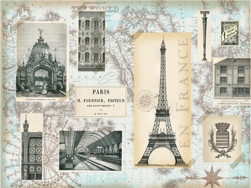 Ophelia & Co, PARIS COLLAGE GLOBAL (Paris, Eiffelturm, Bauwerke, Collage, Wahrzeichen, Symbol,  Nostalgie, Vintage, Grafik, Wunschgröße, Wohnzimmer, Treppenhaus, sepia, grau/blau)