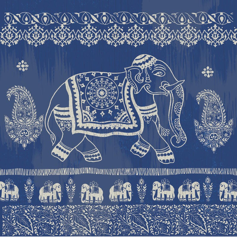 Ophelia & Co, BOHO ELEPHANT BLUE (Elefant, indisch, indisches Tuch, Ornamente, Boho, Mode, Hippie, Grafik, Treppenhaus, Wohnzimmer, Jugendzimmer, Wunschgröße, blau/weiß)