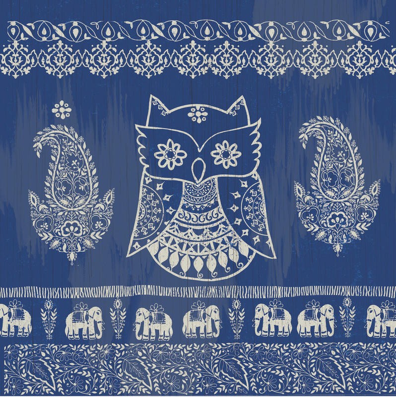 Ophelia & Co, BOHO OWL BLUE (Eule, Elefant, indisch, indisches Tuch, Ornamente, Boho, Mode, Hippie, Grafik, Treppenhaus, Wohnzimmer, Jugendzimmer, Wunschgröße blau/weiß)