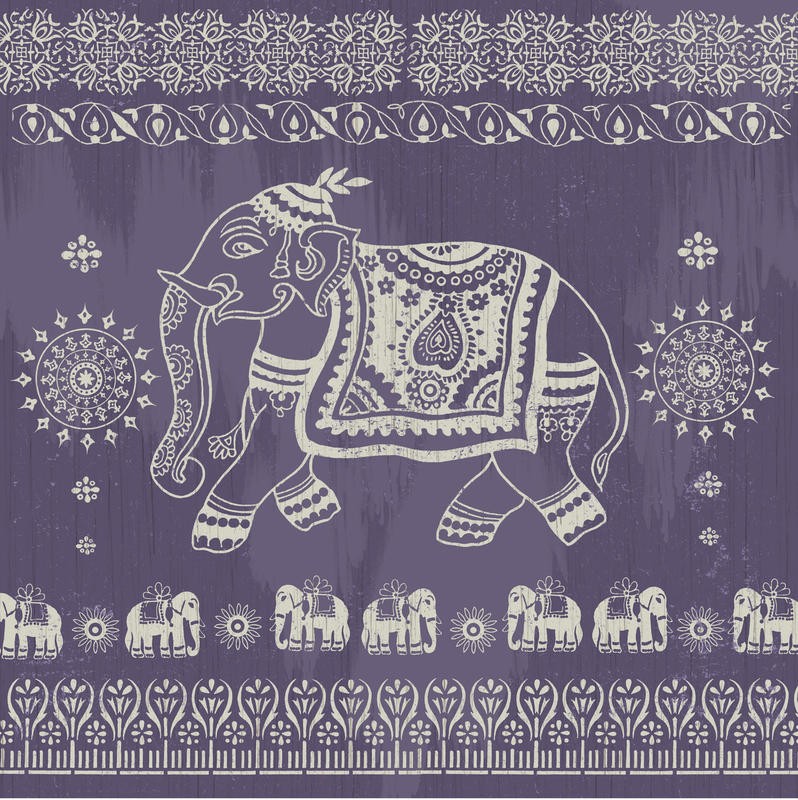 Ophelia & Co, BOHO ELEPHANT PURPLE (Elefant, indisch, indisches Tuch, Ornamente, Boho, Mode, Hippie, Grafik, Treppenhaus, Wohnzimmer, Jugendzimmer, Wunschgröße, lila/weiß)