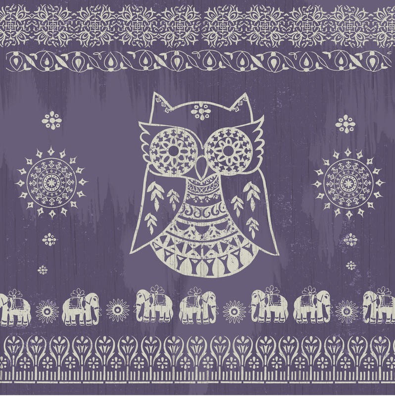 Ophelia & Co, BOHO OWL PURPLE (Eule, Elefant, indisch, indisches Tuch, Ornamente, Boho, Mode, Hippie, Grafik, Treppenhaus, Wohnzimmer, Jugendzimmer, Wunschgröße, lila/weiß)
