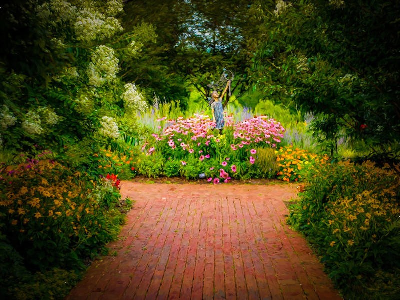 Joseph Rowland, GARDEN II (Garten, Blumen, Blätter, Skulptur, Natur, Fotokunst, Wohnzimmer, Treppenhaus, Wunschgröße, bunt)