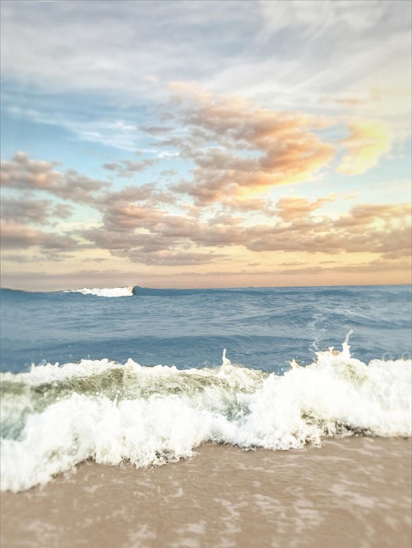 Joseph Rowland, SUNRISING WAVE II (Meer, Sand, Strand, Welle, Horizont, Meeresbrise, maritim, Sonnenaufgang, Fotokunst, Wohnzimmer, Treppenhaus, Wunschgröße, bunt)