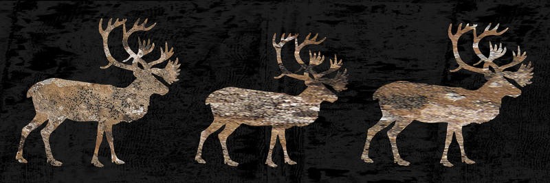 Sheldon Lewis, HUNTERS CATCH (Hirsche, Tiere, Geweihe, Holzoptik, Grafik, Wunschgröße, Wunschgröße, Treppenhaus, Wohnzimmer, schwarz/beige)