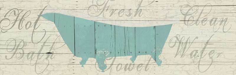 Sheldon Lewis, BATH BASICS I (Badewanne, Kalligrafie, Holz, Panel, Retro, shabby, Badezimmer, Treppenhaus, Wunschgröße, Grafik, beige/hellblau)