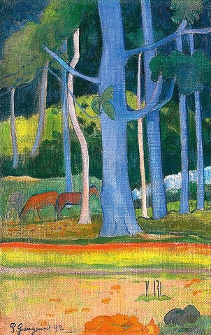 Paul Gauguin, Landschaft mit blauen Baumstämmen (Paysage aux troncs bleus). 1892 (Öl auf Leinwand,19. Jahrhundert,Gauguin,Paul,1848-1903,Christie's Images Ltd,gauguin,paul gauguin,landschaft,bäume,wald,pferde,natur,blau)