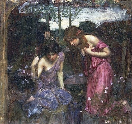 John William Waterhouse, Nymphen finden den Kopf des Orpheus (Skizze). (Mythologie, Nymphen, Orpheus, Kopf, Tragödie, Symbolismus, Präraffaeliten, Klassiker, Skizze, Wohnzimmer, bunt)