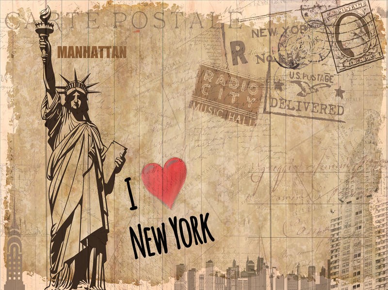 Kimberly Allen, POST CARD NEW YORK (New York, Freiheitsstatue, Skyline, Postkarte, Nostalgie, Grafik, Wohnzimmer, Treppenhaus, Schlafzimmer,  Wunschgröße, beige)