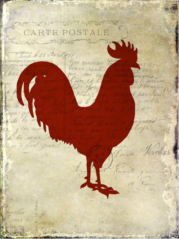Kimberly Allen, ROOSTER SILHOUETTE I (Hahn, roter Hahn, Postkarte, Nostalgie, Kalligrafie, handschrift, Grafik, Wohnzimmer, Treppenhaus,  Küche, Esszimmer, Wunschgröße, rot/beige)