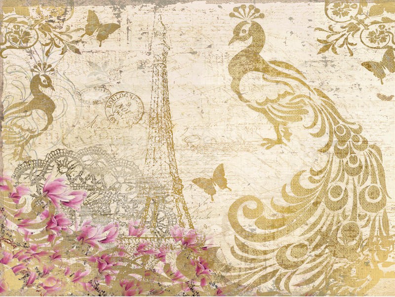 Kimberly Allen, PEACOCK IN GOLD (Pfau, Ornamente, Blüten, dekorativ, Vogel, Postkarte, Nostalgie, Grafik, Wohnzimmer, Treppenhaus, Schlafzimmer,  Wunschgröße, gold/rosa)