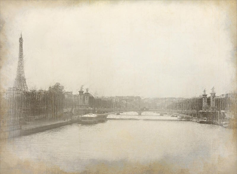 Kimberly Allen, PARIS NIGHTS (Paris, Eiffelturm, Fluss, Seine, Dunst, Vintage, Retro, Nostalgie, Grafik, Wohnzimmer, Treppenhaus,  Wunschgröße, sepia)