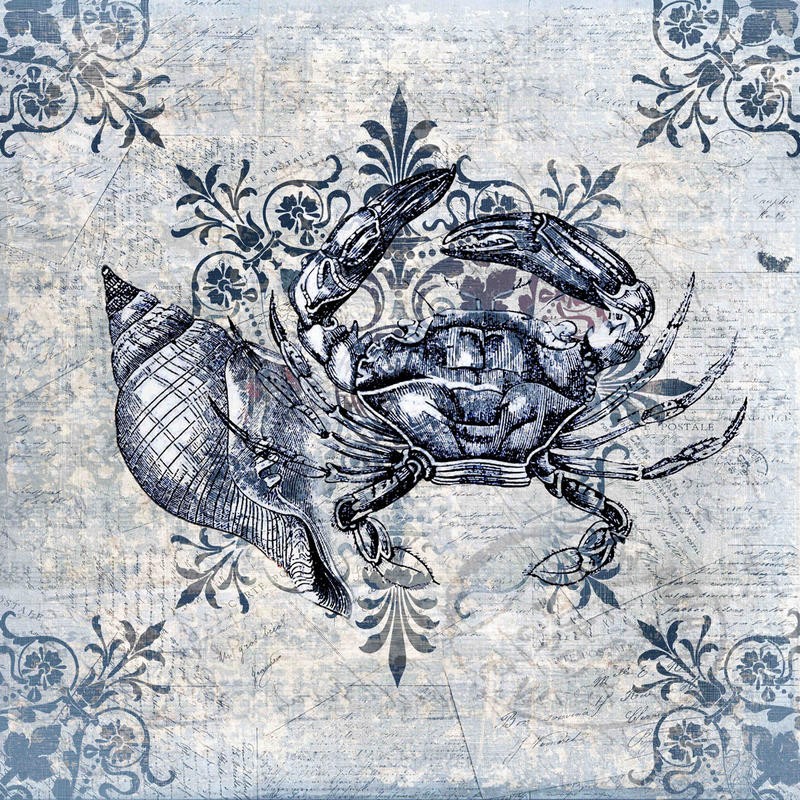 Kimberly Allen, MARINE LIFE INDIGO II (Maritim, Krebs, Krabbe, Seeschnecke,florale Muster, Grafik, Wohnzimmer, Treppenhaus, Badezimmer, Wunschgröße, dunkelblau, weiß)
