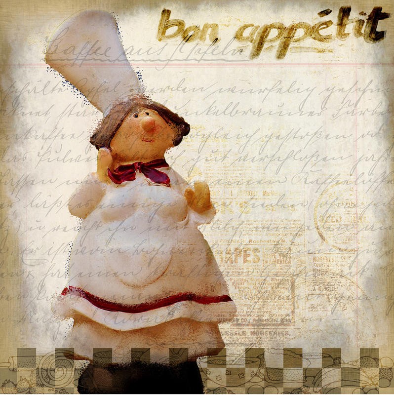 Kimberly Allen, BON APPETIT I (Guten Appetit, Knetfigur, Köchin, niedlich, Kalligrafie, Sütterlin, Fotokunst,  Grafik, Wohnzimmer, Treppenhaus,  Küche, Esszimmer, Wunschgröße, bunt)