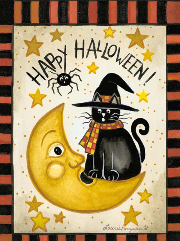 Laurie Korsgaden, HAPPY HALLOWEEN III (Katze, schwarze Katze, Spinne, Zauberhut, Gruseln, Halloween, Sterne, Mond, naiv, lustig, Wunschgröße, Malerei,  Kinderzimmer, Treppenhaus, bunt)