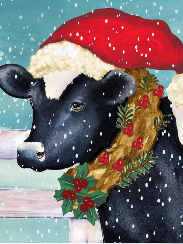 Laurie Korsgaden, CHIRSTMAS COW (Weihnachten, Kuh, Rind, Weihnachtsmütze, Stechpalmen,  Schnee, Winter, Wunschgröße, Malerei, Esszimmer, Wohnzimmer, Treppenhaus, bunt)