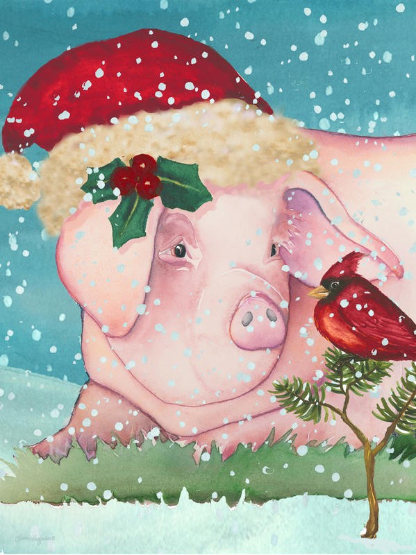 Laurie Korsgaden, CHRISTMAS PIG (Weihnachten, Weihnachtsschwein, Schwein, Vogel, Kardinal,  Schnee, Winter, Wunschgröße, Malerei, Esszimmer, Wohnzimmer, Treppenhaus, bunt)